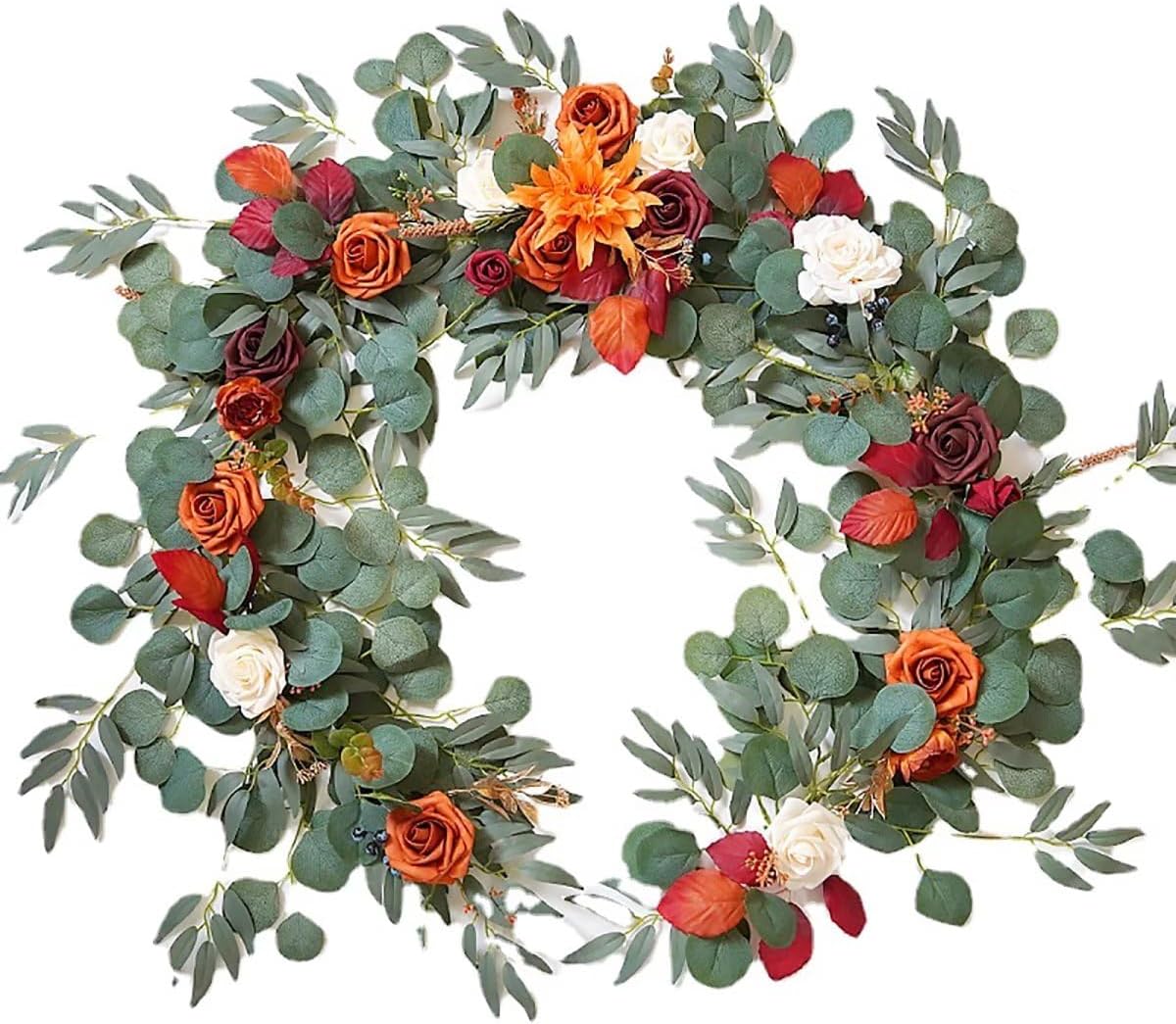 Emivery Eucalyptus Garland with Flowers, 5.9 ft Artificial Table Runner Decor Burnt Orange Fake Rose Garland for Wedding Centerpieces Home Party Garden Decoration