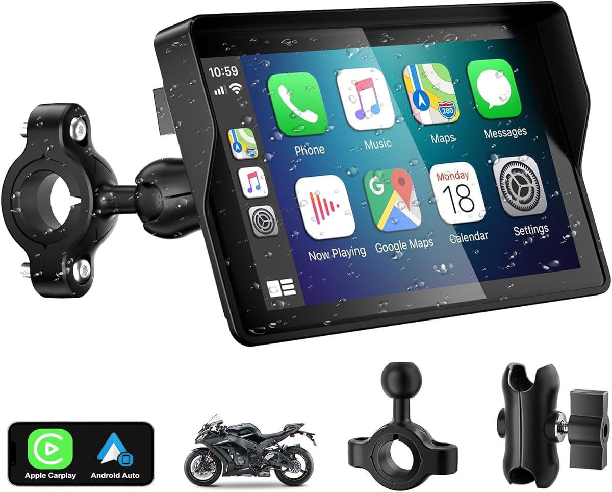 2026 YZW GPS Carplay 5 inch for Motorcycle with Wireless CarPlay & Android Auto, IP69K Waterproof Touch Screen, GPS Nevigation, Supports Bluetooth, Siri, Google Assistant, Vioce Control, Bracket