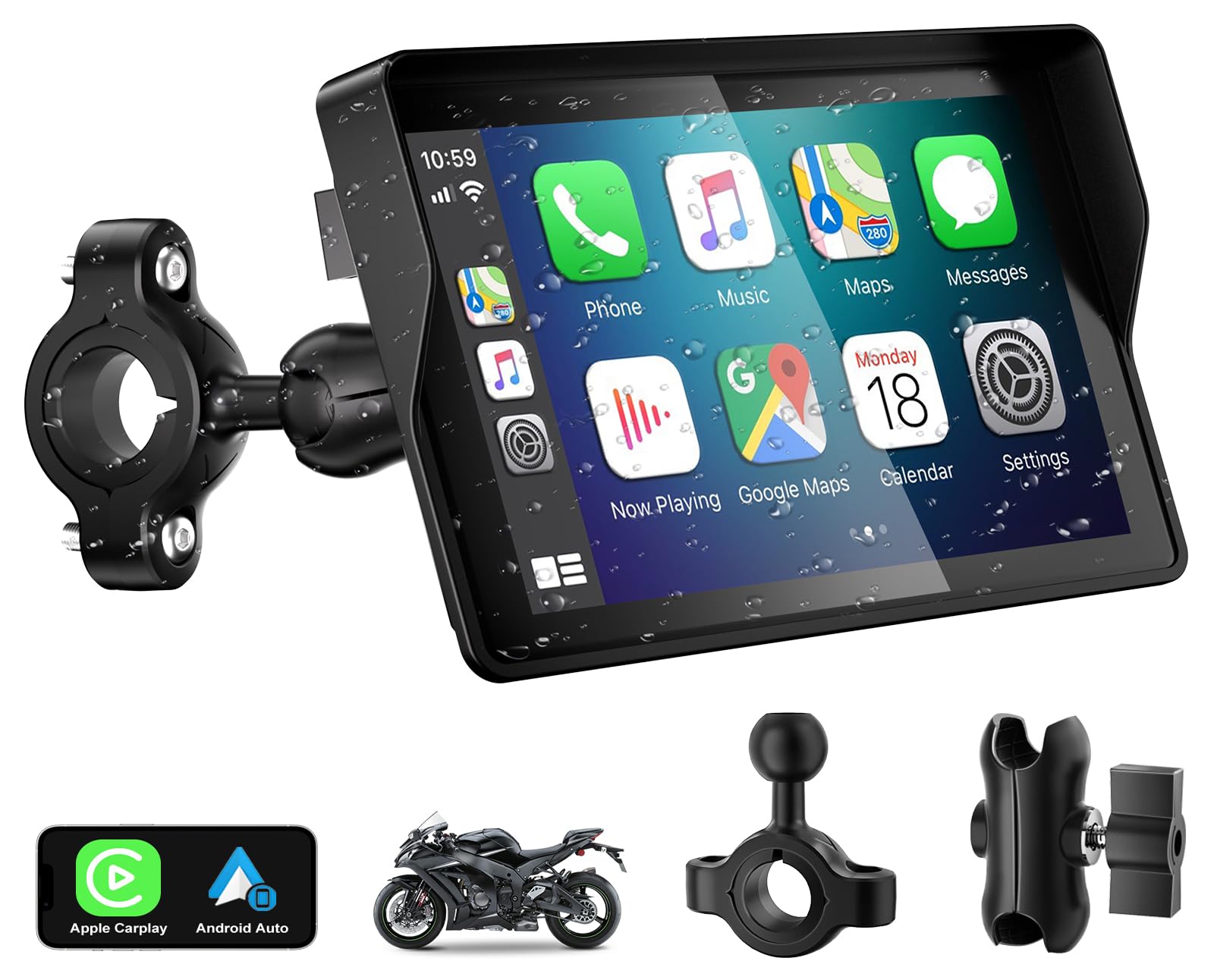 YZW Motorcycle CarPlay Screen with Wireless CarPlay & Android Auto, 5" IP67 Waterproof Touchscreen, Portable Motorcycle GPS Carplay Supports Bluetooth, Siri, Google Assistant, Vioce Control, Bracket