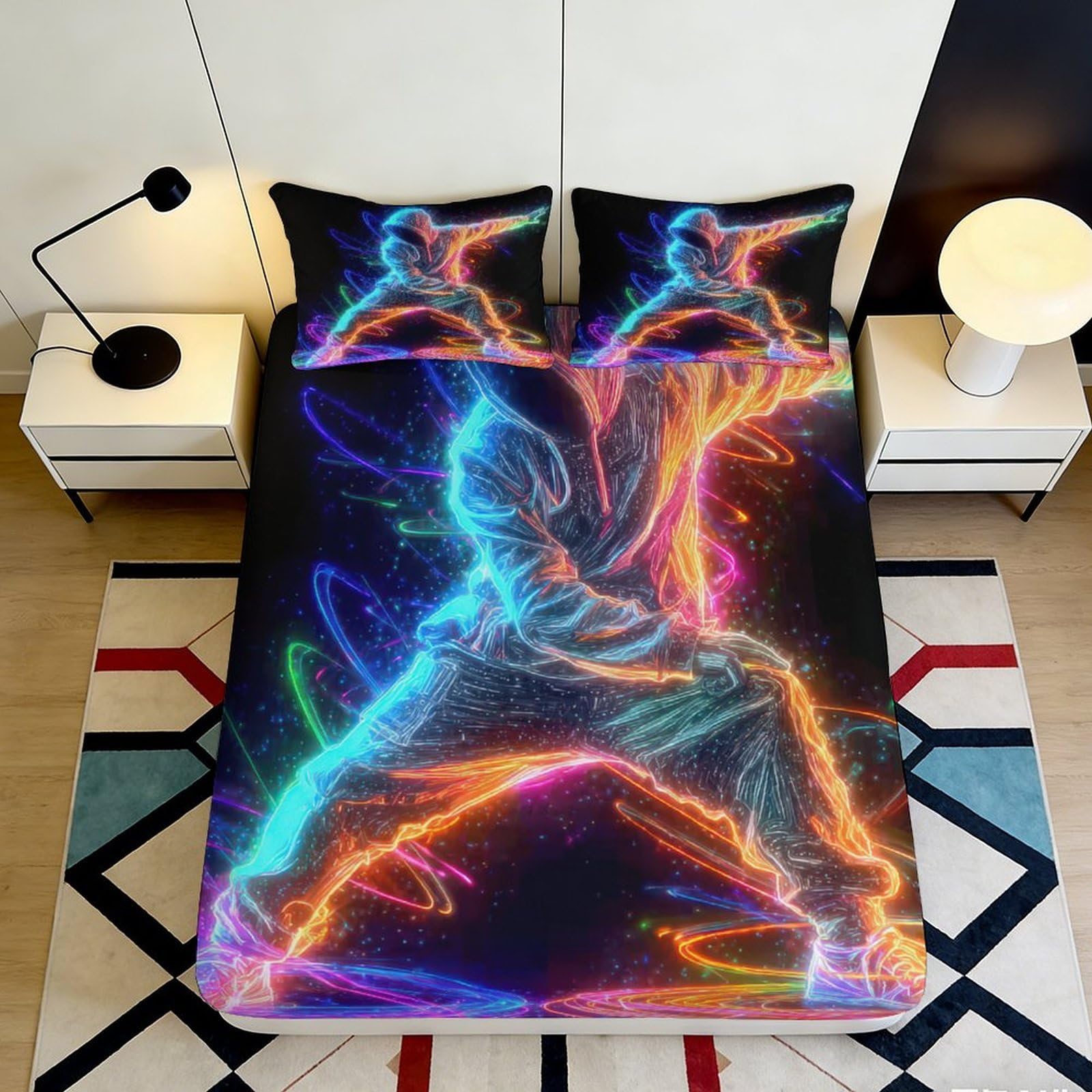 3D Printed Neon Dancer Fitted Sheet Microfiber Vibrant Urban Graffiti Mattress Cover for Bedroom Dorm Decor Easy Care 200x200x25cm