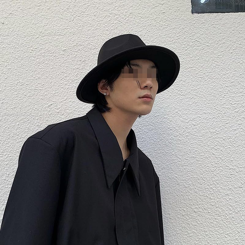 Black Classic Fedora Hat with Belt Buckle Felt Panama Short Brim Trilby Jazz Cap for Men Women Wedding Party Show Head Circumference 58cm/22.83inch - Image 5