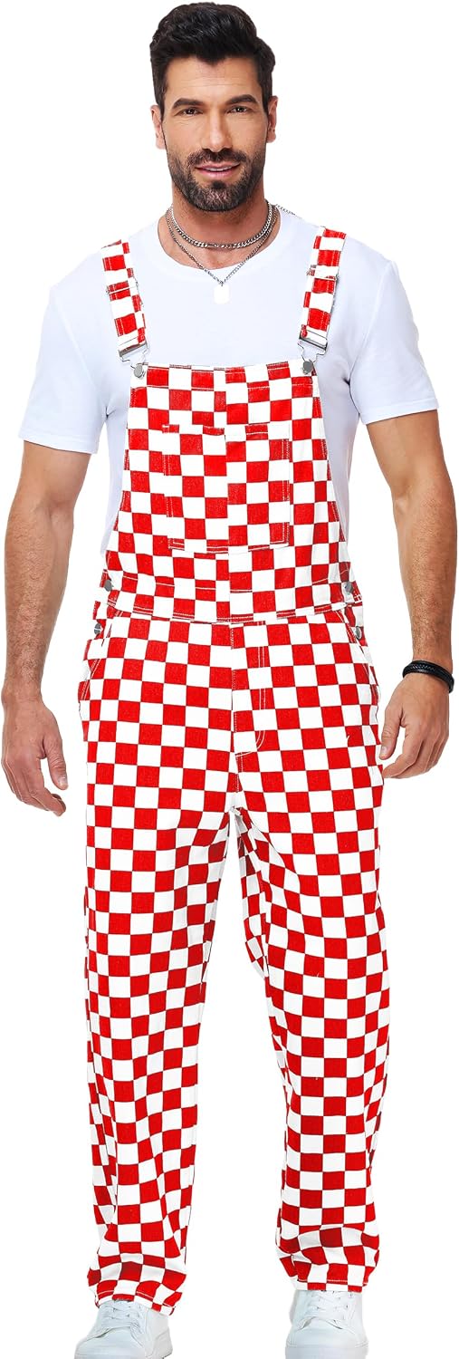 Mens Checkered Overalls Bib Coveralls Denim Straight Pants Cotton Casual Jean Jumpsuits
