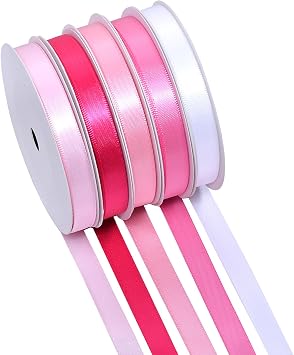 YAMA Valentines Day Double Faced Satin Ribbon Set, 5 Rolls 10 Yards Total 50 Yards, 3/8" White Light Pink Baby Pink Hot Pink Fuchsia Ribbons for Gift Wrapping Crafts Wedding Baby Shower