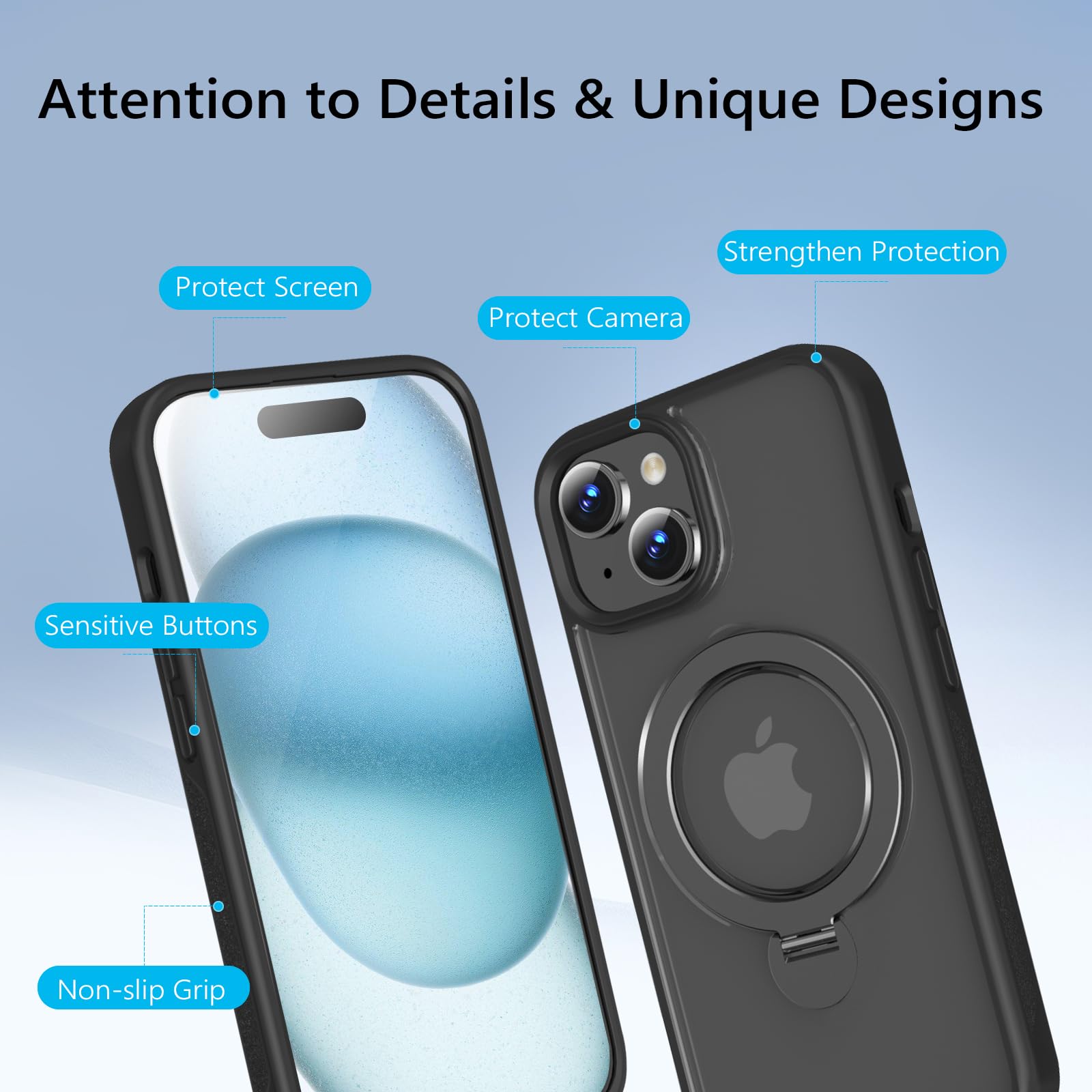 2024 Ulepszony obrotowy o 360° magnetyczny stojak pierścieniowy do iPhone'a 15 16.1 cm, kompatybilny z MagSafe, wojskowa ochrona przed upadkiem, odporny na wstrząsy, matowy,