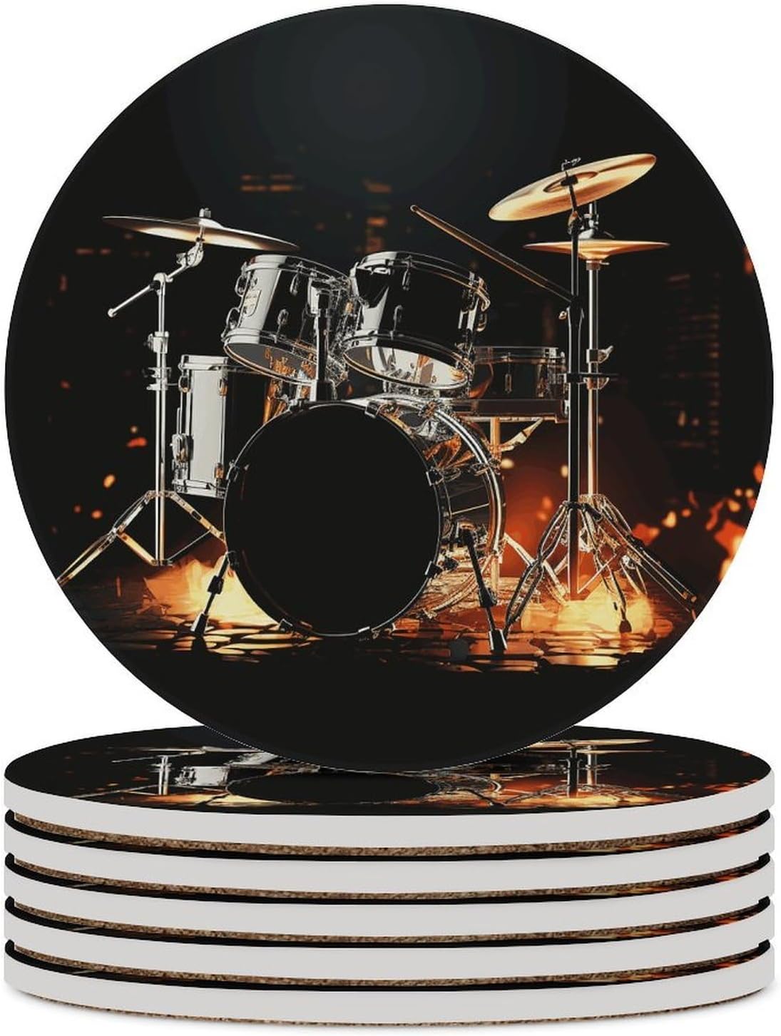 Drummer Coasters for Drinks Absorbing Round Ceramic Stone Coaster with Cork Base Coffee Cup Beverage Table Cup Mat Modern Style Bar Coaster Set for Home Decor