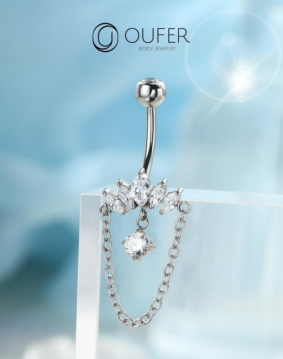 OUFER 316L Surgical Steel Belly Button Rings, Dangling Chains Belly Rings for Women, 14G Navel Piercing Jewelry, Marquise Dangle Curved Barbells Silver Body Piercing Jewelry - Image 8