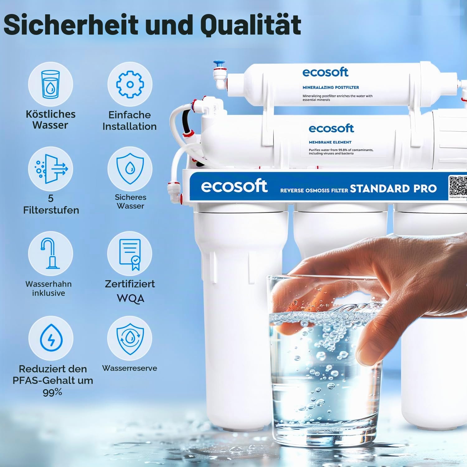 Ecosoft Umkehrosmoseanlage Standard PRO | 5 Stufen Untertisch Wasserfilter, 8 Liter pro Stunde, ohne Pumpe, mit Osmosehahn
