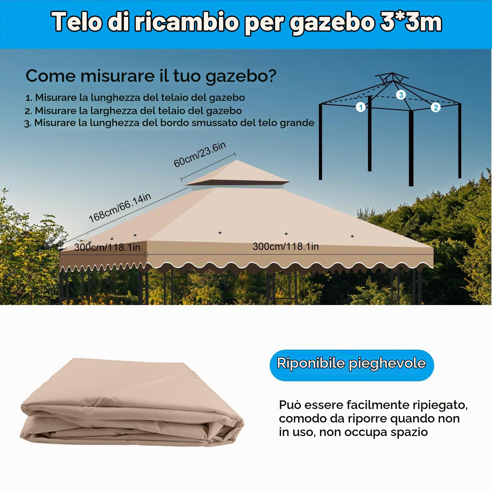 Telo Gazebo 3x3 m, 2 Livelli Tetto di Ricambio per Copertura con Airvent e 12 Fori di Drenaggio, Impermeabile e Anti-UV 300D Copertura Gazebo Rimovibileer Giardino, Terrazza, Campeggio e Spiaggia