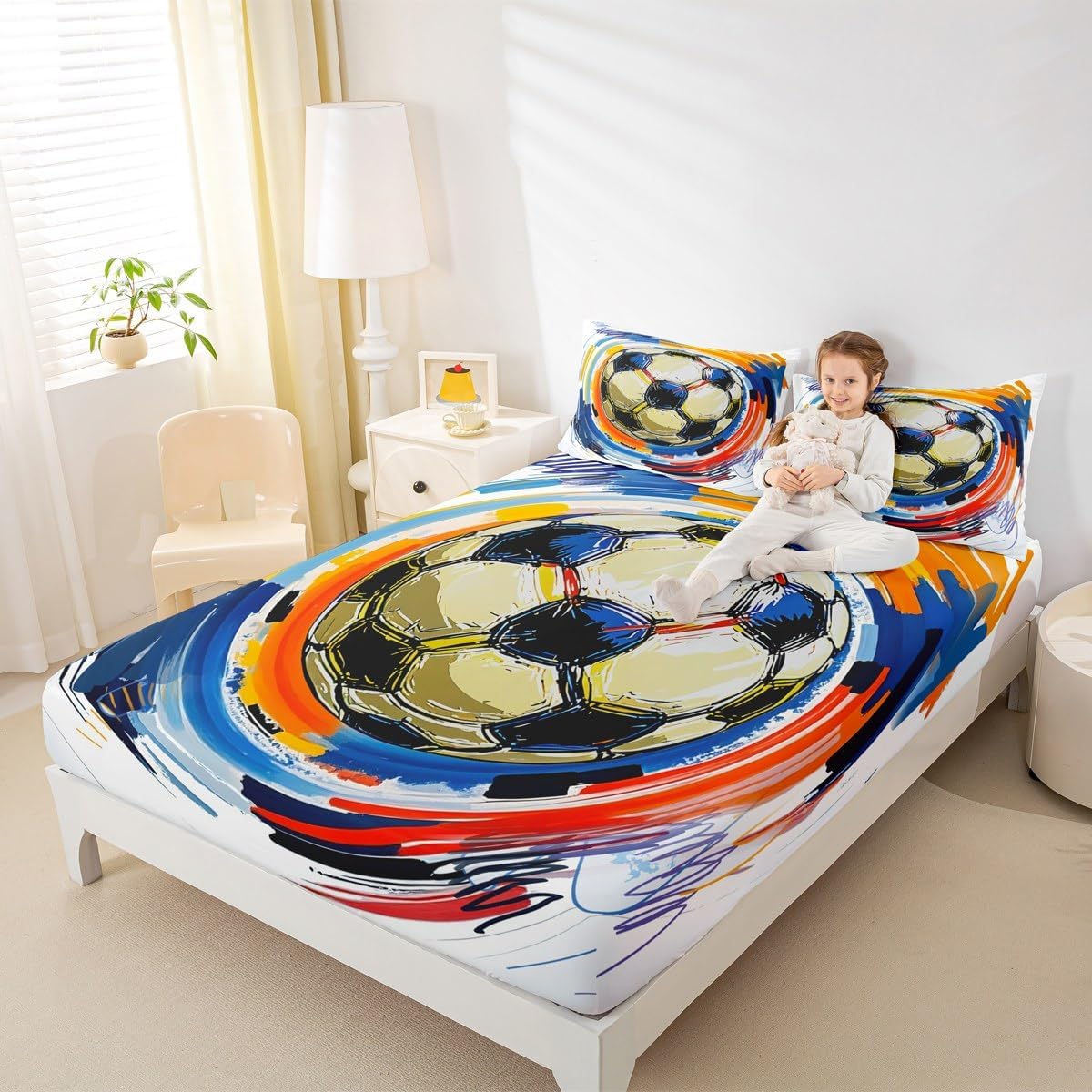 Erosebridal Sports Bedding Set Twin Colorful Graffiti Soccer Sheet Set,Football Bed Sheets for Boys Kids Teens Bedroom Decor,Sports Fitted Sheet Watercolor Tie Dye Flat Sheet + 1 Pillow Case
