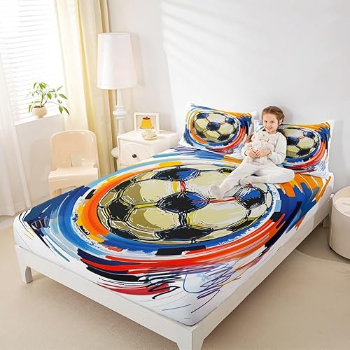 Miniatura 8 de Erosebridal Juego de ropa de cama deportiva tamaño matrimonial colorido con grafiti para fútbol, sábanas de fútbol para niños, adolescentes,