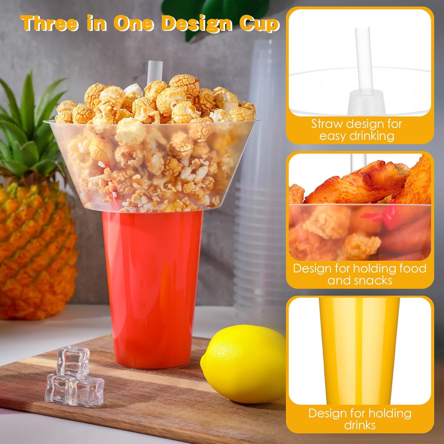 25 Sets 2-in-1 Snack and Drink Cup with Straws, Clear Plastic Stadium Tumblers with Snack Bowl Lid, Disposable Party Cups for Movie Night, Road Trips & Stadium (Classic Size)