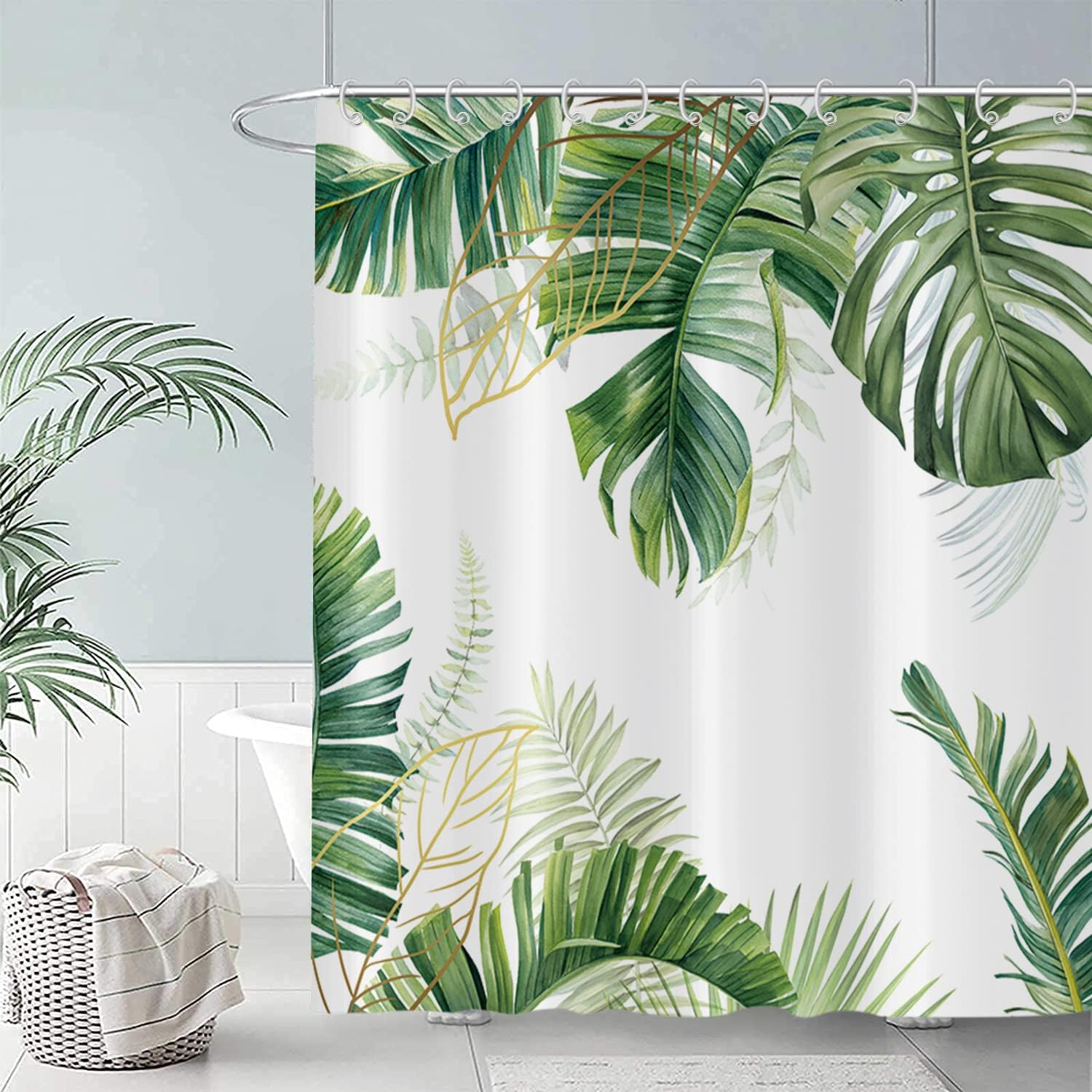 Tropical Plants Shower Curtain, Green Botanical Palms Monstera Leaf Gold Banana Leaves Bathroom Curtain Home Decor Waterproof Fabric Machine Washable with 12 Hooks