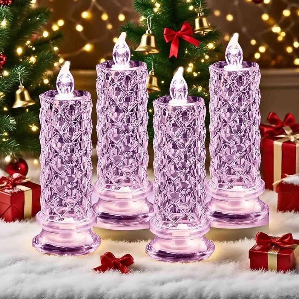 LexTex Set of 4 LED Crystal Candle Lights, Flameless LED Candles, Rose Shadow LEDs Flameless Candles, Romantic Flameles Pillar Candle for Christmas Wedding Table Decorations(Purple,4PCS)