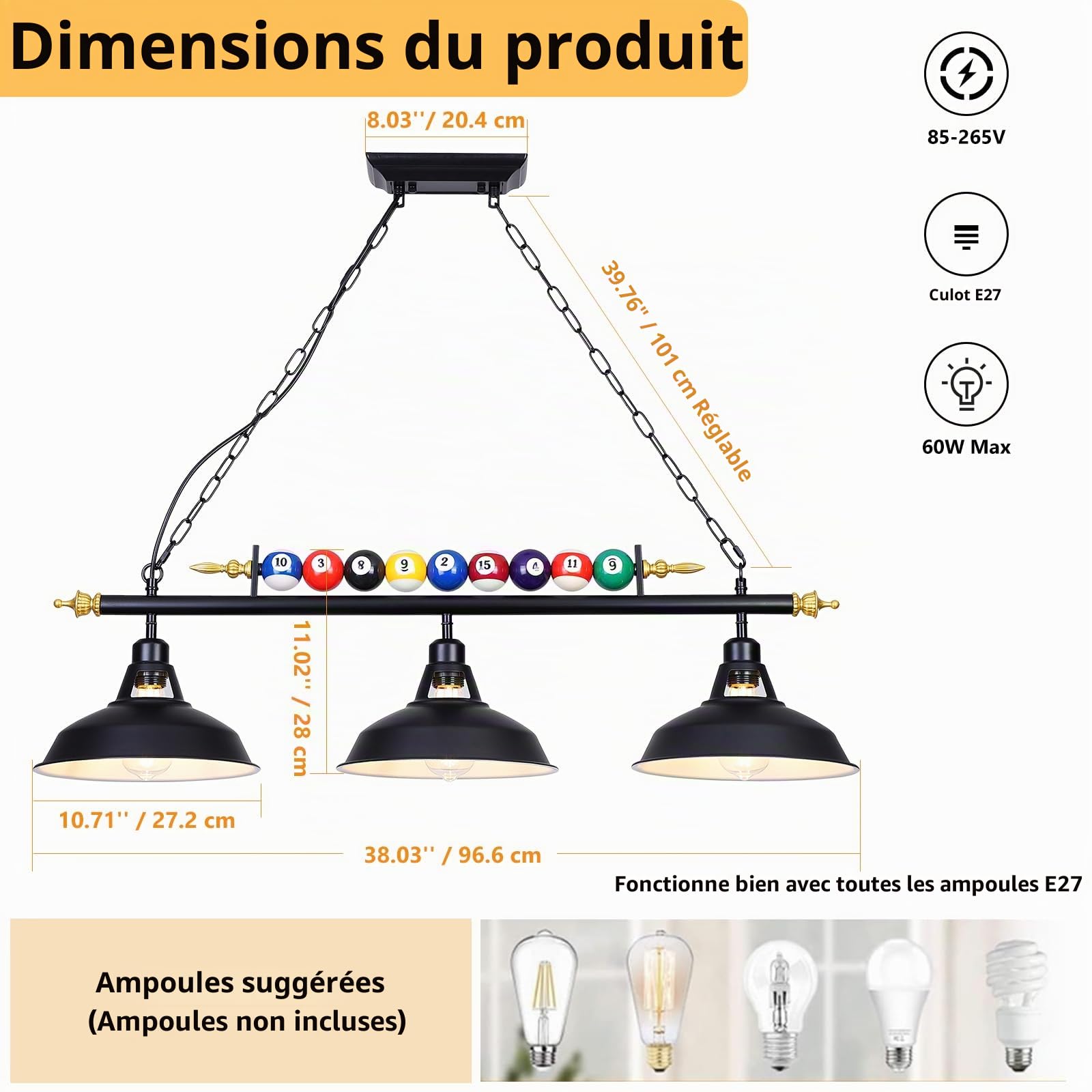 KEELED Lustre Billard Industriel - 3 Abat-Jour Noir Mat 98cm