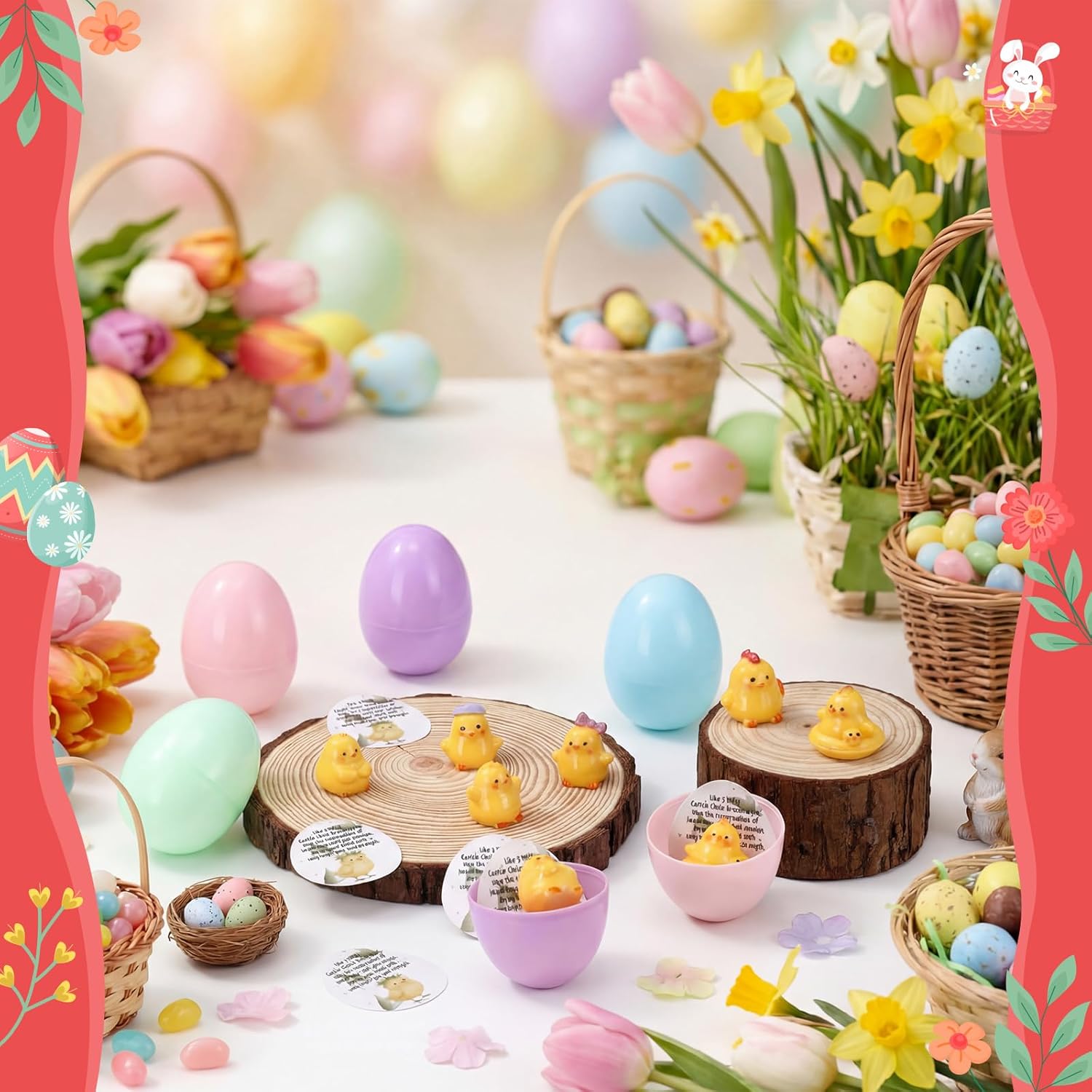 Bucherry 30 Sets Easter Religious Eggs Fillers Christian Empty Eggs with Mini Resin Easter Chicken Prayer Cards Resurrection Basket Stuffers Party Favors Gifts (Adorable)