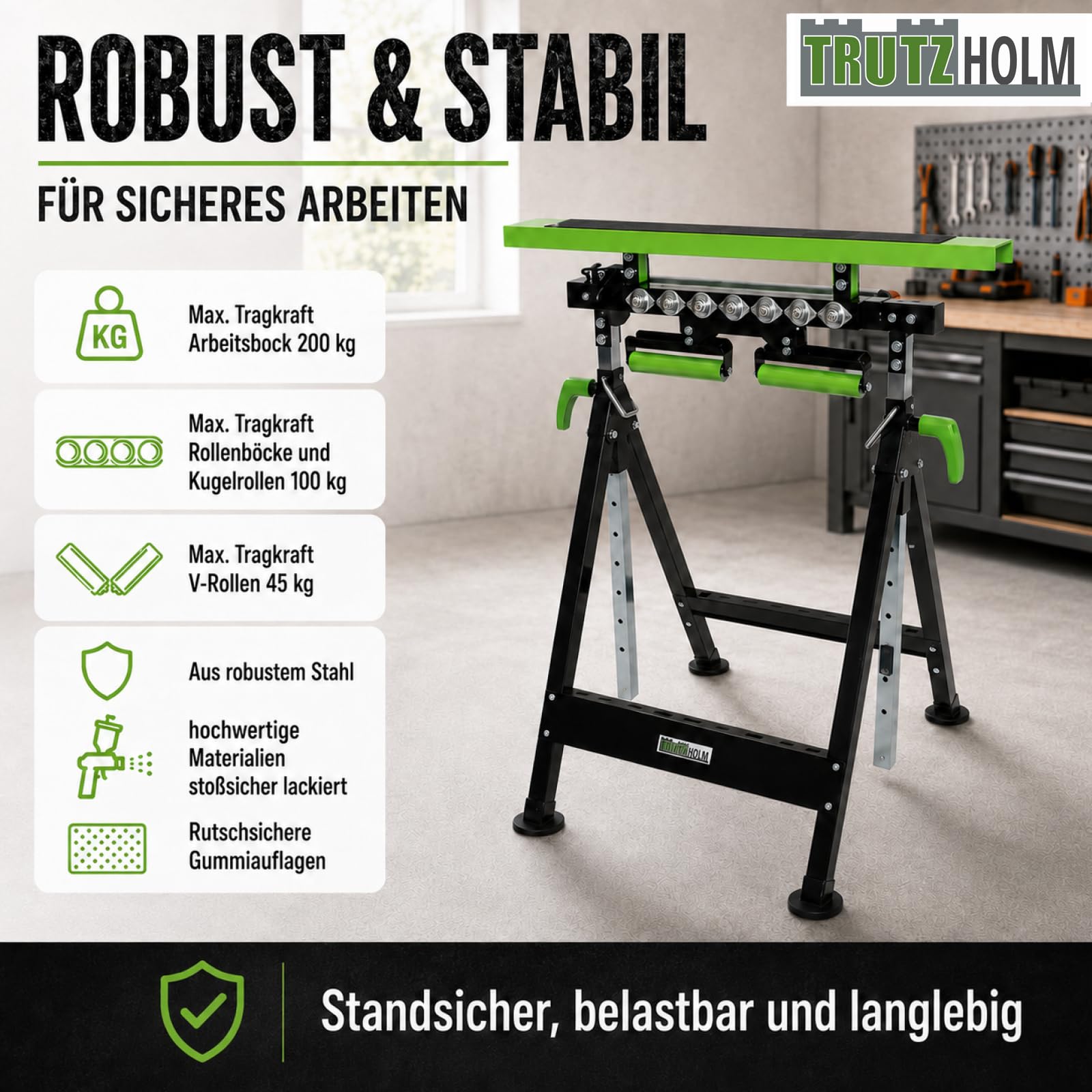 TRUTZHOLM 2x Multifunktions-Arbeitsbock Rollenbock höhenverstellbar Klappbock V-Rollen klappbar 200 kg Werktisch 4in1 platzsparend