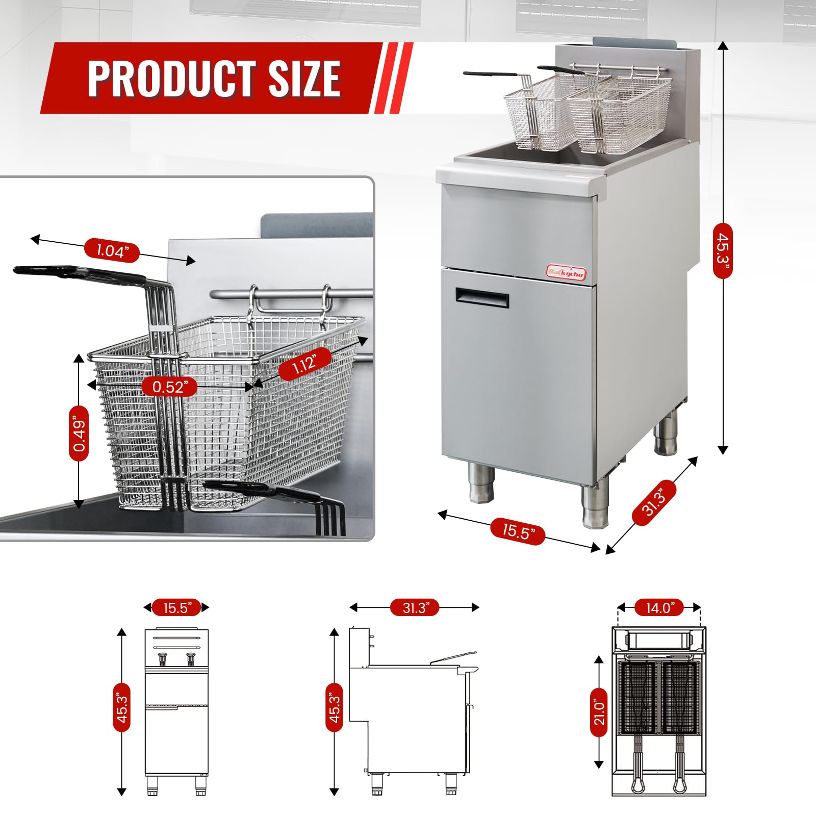 Backychu Commercial Deep Fryer -3-Burner Liquid Propane Fryer CSA, 35-40 lbs Capacity, 90,000 BTU/h Adjustable Thermostat 200°F-400°F, Stainless Steel Gas Liquid Propane Deep Fryer for Restaurants