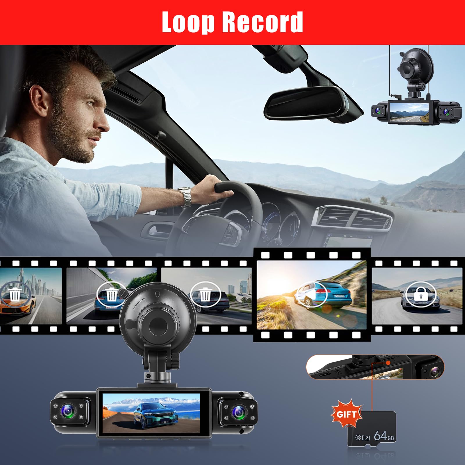 1080P Dash Cam 360 Gradi 4 Canali, Schermo 3.16 Pollici