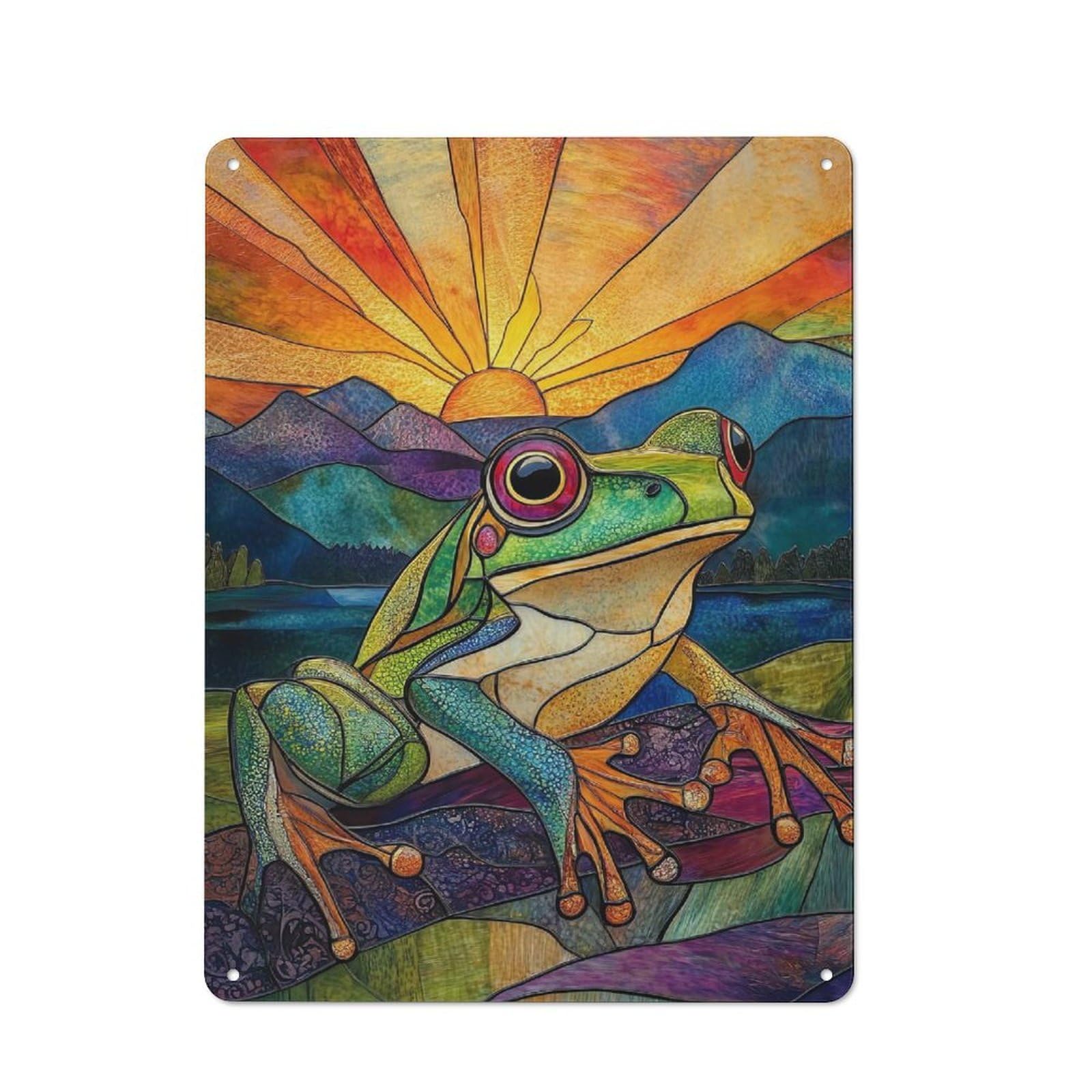 Junmoney Stained Glass Frog Sunset Creative Office Metal Sign 40X30cm, Study Room Decor For Workspace, Cafe, Shop Or Desk Area