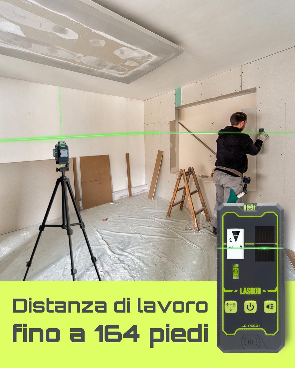 LasGoo LG-REC01 Ricevitore per Livella Laser, Doppio Display LCD, Rilevatore di Raggi Laser Verde e Rosso, Fino a 50m, Batteria Ricaricabile Integrata, Morsetto Incluso