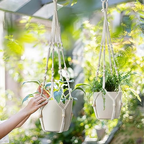 Miniatura 2 de Juego de 2 colgadores de macramé para plantas de interior con 4 ganchos, maceta colgante para interiores y exteriores con cuentas de madera