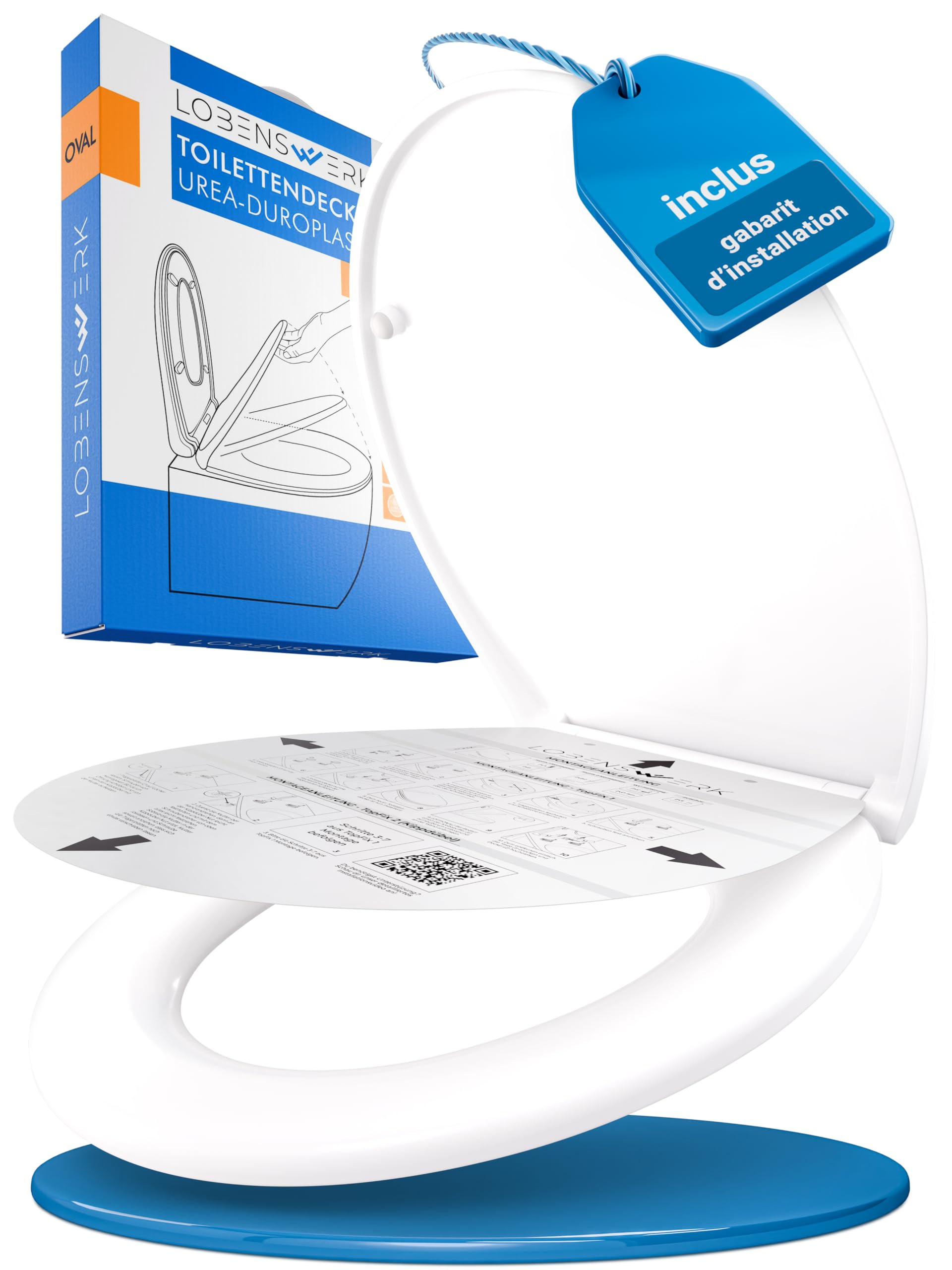 LOBENSWERK Abattant WC avec frein de chute [Montage facile] duroplast antibactérien UV résistant | Lunette de toilette clipsable universelle | Cuvette toilette ovale incl. gabarit d’installation