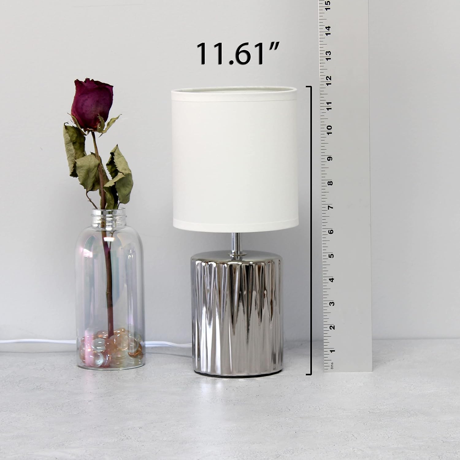 Simple Designs LT1132-CHR 11.61" Tall Contemporary Ruffled Metallic Chrome Capsule Bedside Table Desk Lamp w White Drum Fabric Shade for Home Decor, Bedroom, Living Room, Entryway, Office