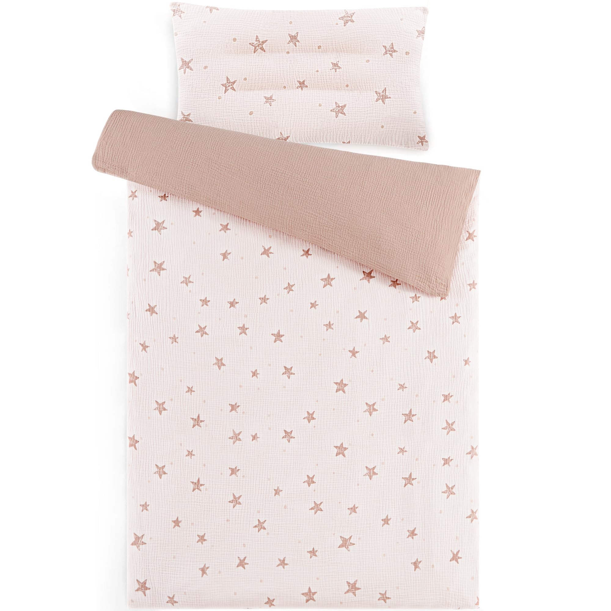 Susurration Ropa de Cama Infantil de Muselina, 100 x 135 cm, Funda de Almohada de 40 x 60cm, 100% de Algodón, Ligera y Cómoda, Juego de Ropa de Cama para Bebés y Niños(Estrellas Rosas)