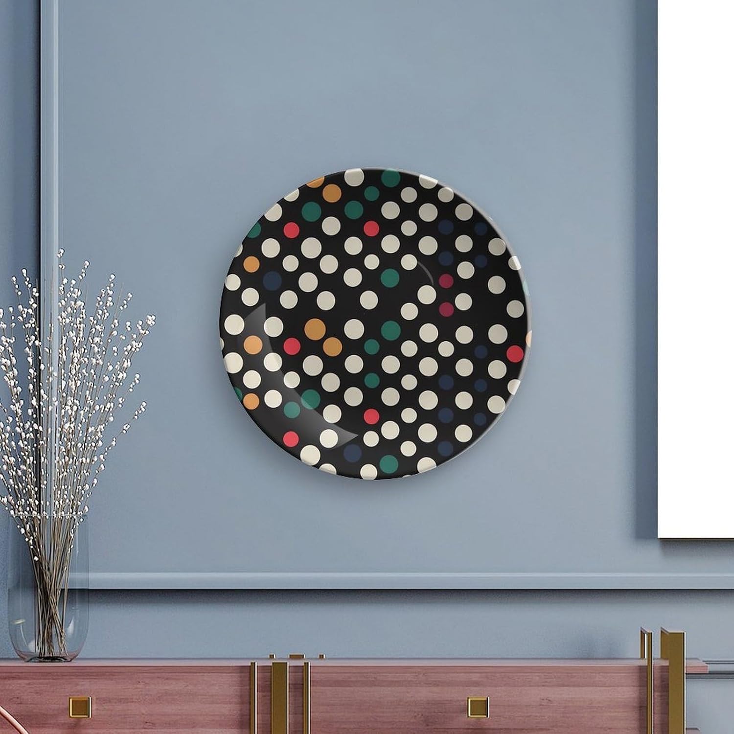 Polka Dot Ceramic Decorative Plate for Home, Bone China Plates | Chinese Style Decorative Dish with Stand, Dinner Plates Art Crafts for Wall Decor, Collections Plate with Hook 7inch