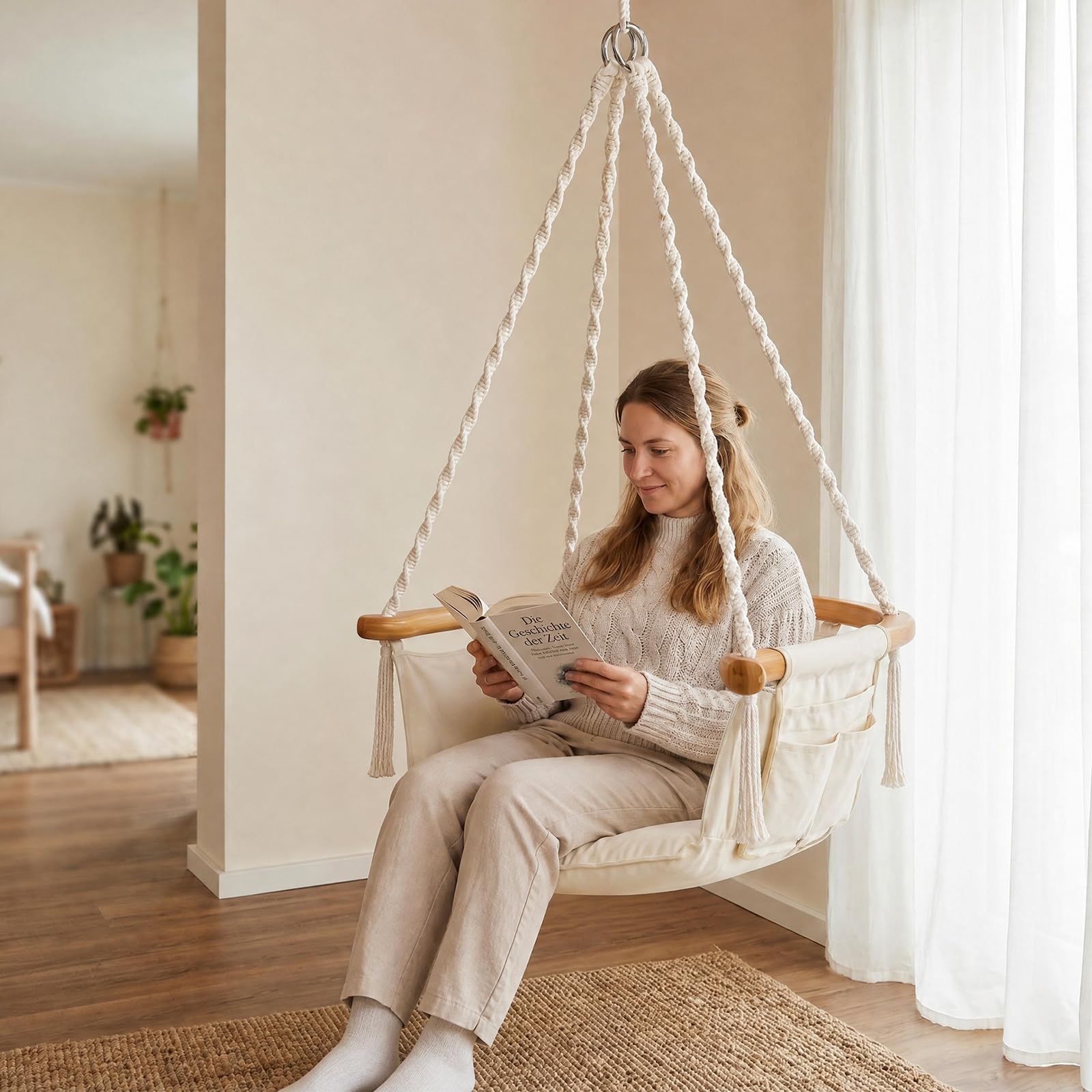Sekey Hängesessel mit Flexibler Seitentasche & Kissen - Boho Hängestuhl bis 120 kg - Gebogener Bambusstab & Spiralseile - Hängeschaukel für Balkon, Garten & Indoor, Beige