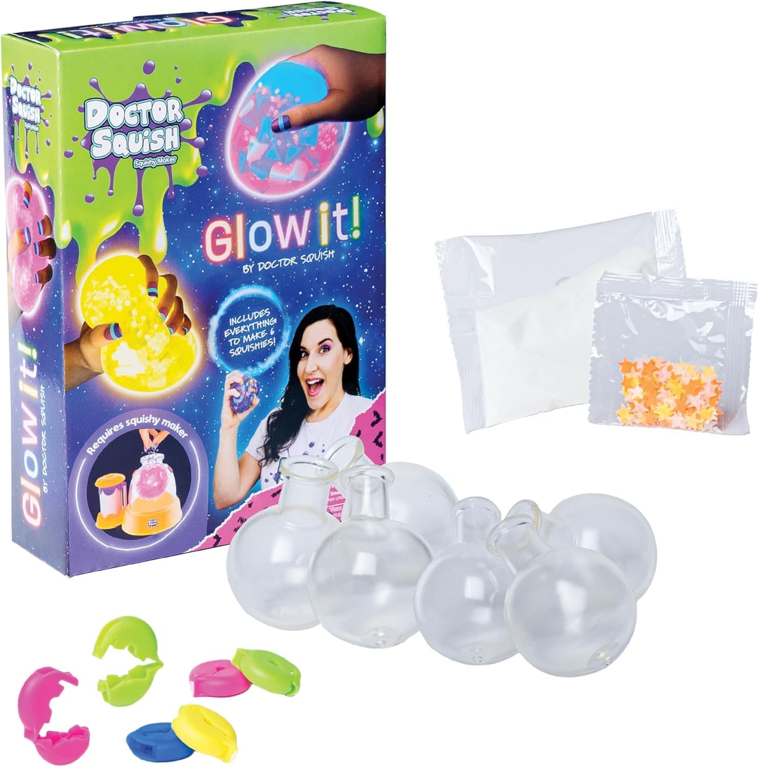 Squishy Maker Neon Refill Pack | DIY Squishy Making Kit with 6 TPR Balloons, 6Reusable Clips, Glow in The Dark Sparkles & Slime Powder | Make Your Own Squishies | Ages 8 | Glow 1 Pack