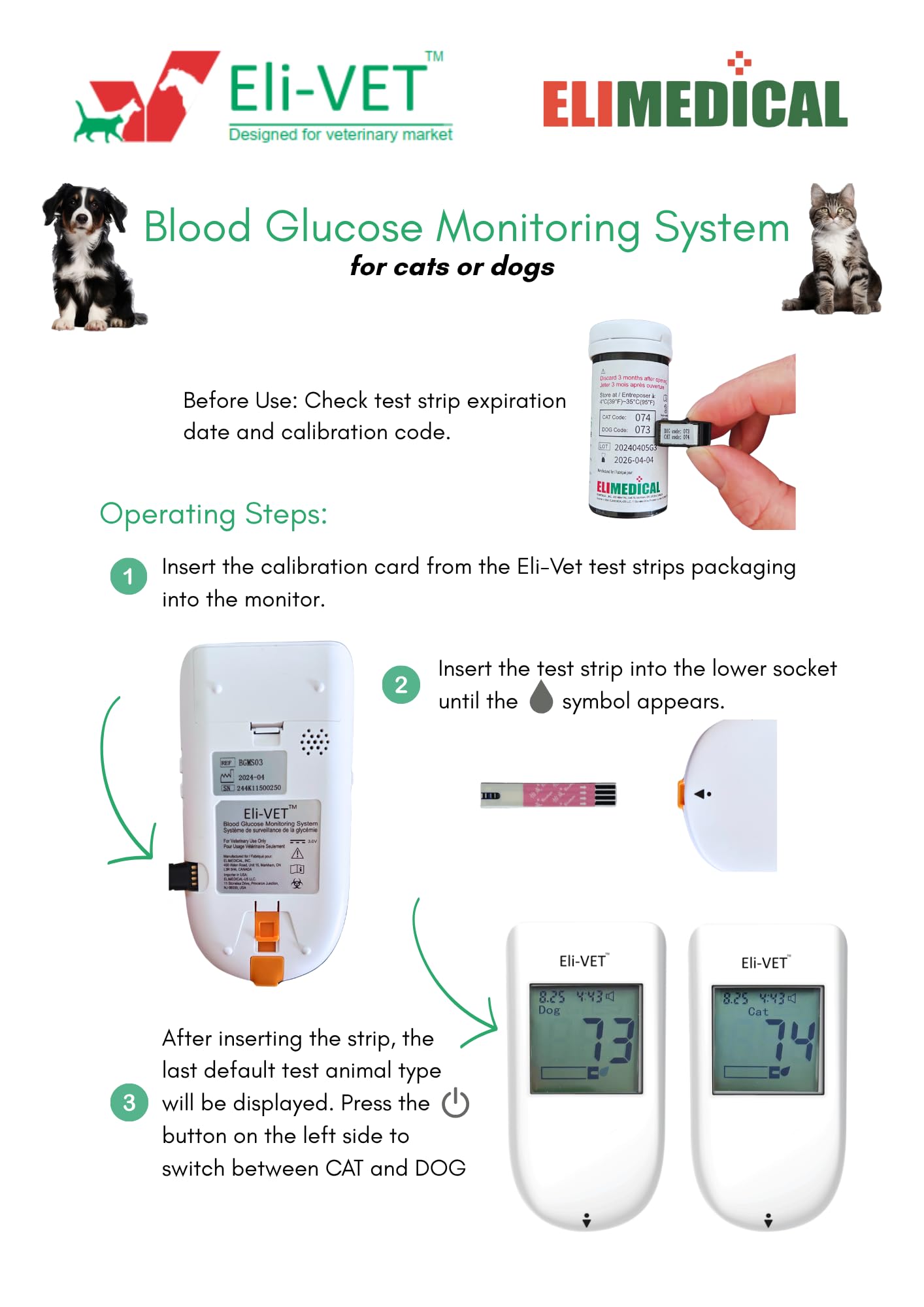 Elimedical Eli-Vet Sistema di Monitoraggio della Glicemia, per Cani e Gatti Diabetici a Uso Veterinario, BGMS01
