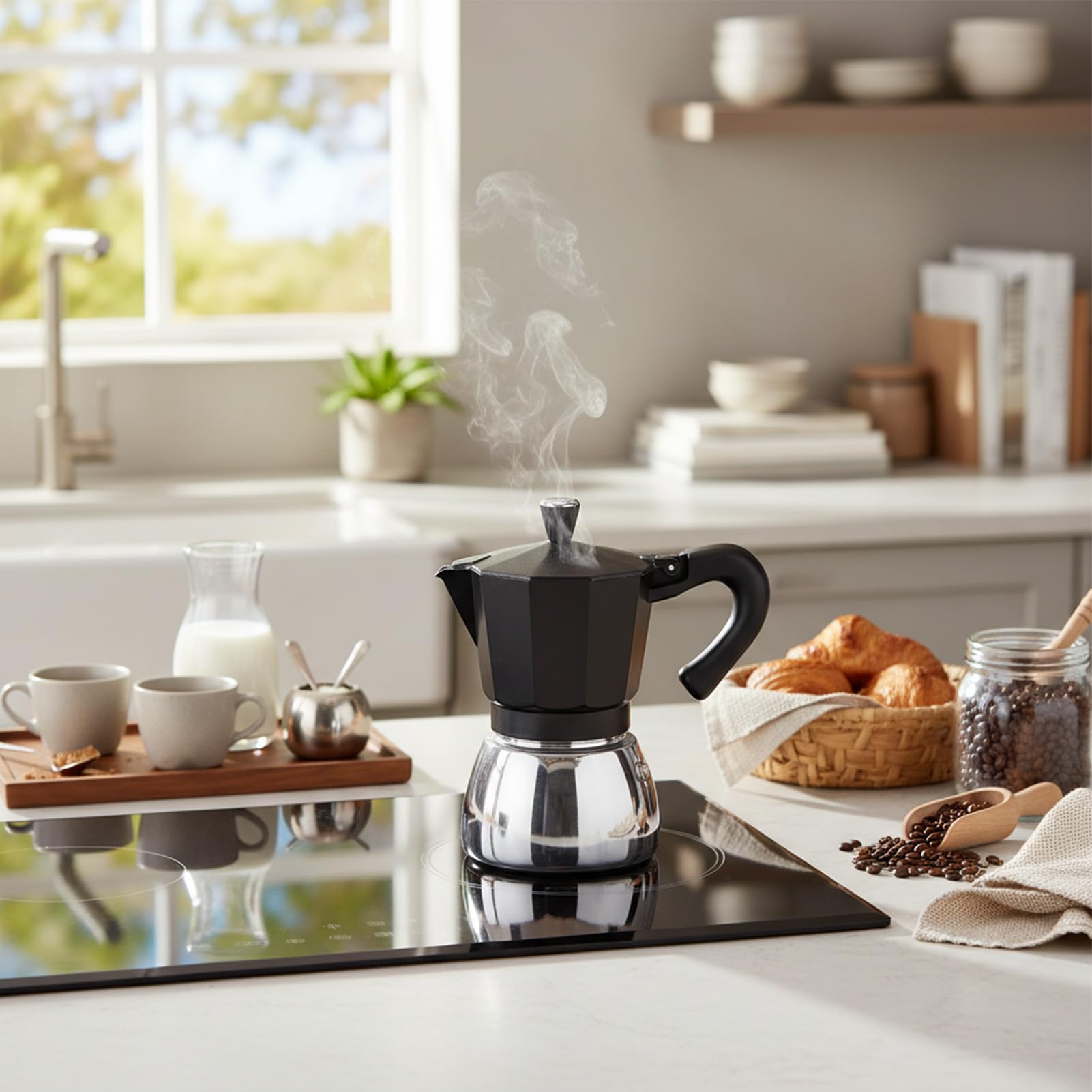 Caffettiera Italiana, Caffettiera da Piano Cottura da 300 Ml con Base a Induzione, per Fornello Elettrico a Gas da Campeggio per Uso Domestico