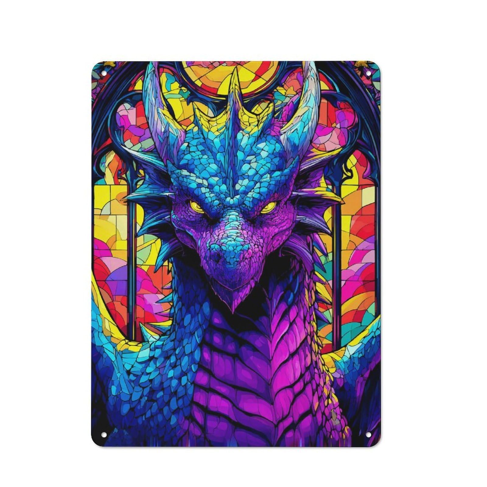 Junmoney Stained Glass Dragon Portrait Retro Metal Wall Sign 40X30cm For Man Cave Or Games Room, For Man Cave Decor Fans Refreshing A Room In Autumn