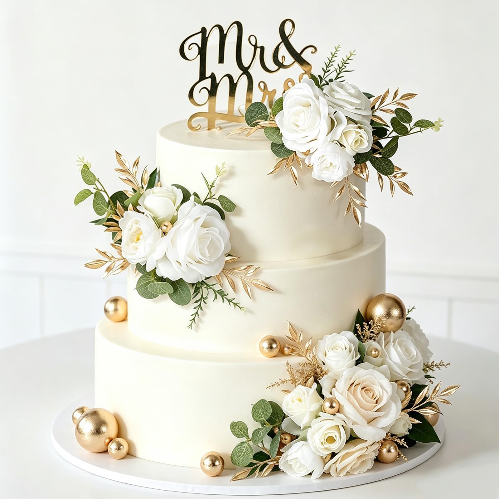 Mr & Mrs Cake Topper Wedding Cake Decoration White Rose Flowers Gold Balls Cake Decorations Artificial Cake Flowers for Wedding Valentine's Day Anniversary Birthday Party Cake Decorations Supplies