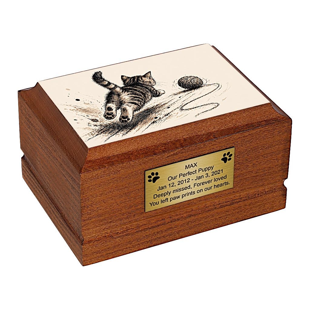 Decorative Wooden Cat Cremation Urn for Pet Ashes, Memorial Box for Loving Remembrance