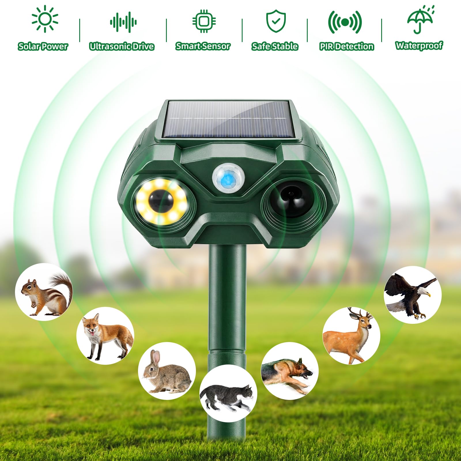 Repellente solare per animali da esterno, 2 pezzi, ricaricabile tramite USB, repellente per gatti, scoiattolo, coniglio, volpe, frequenza regolabile, dispositivi repellenti per cervi con rilevamento