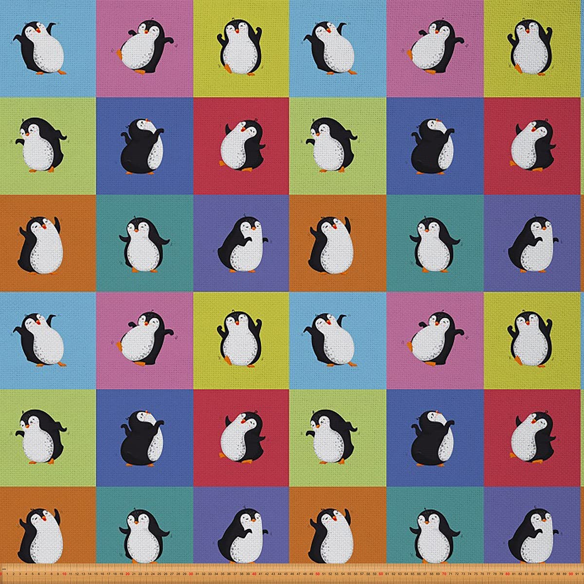 Penguin Fabric by The Yard,Rainbow Colored Buffalo Check Reupholstery Fabric for Chairs,Cute Cartoon Arctic Animal Waterproof Outdoor Fabric,5 Yards,(L460*W150cm) Rainbow Color — image 1