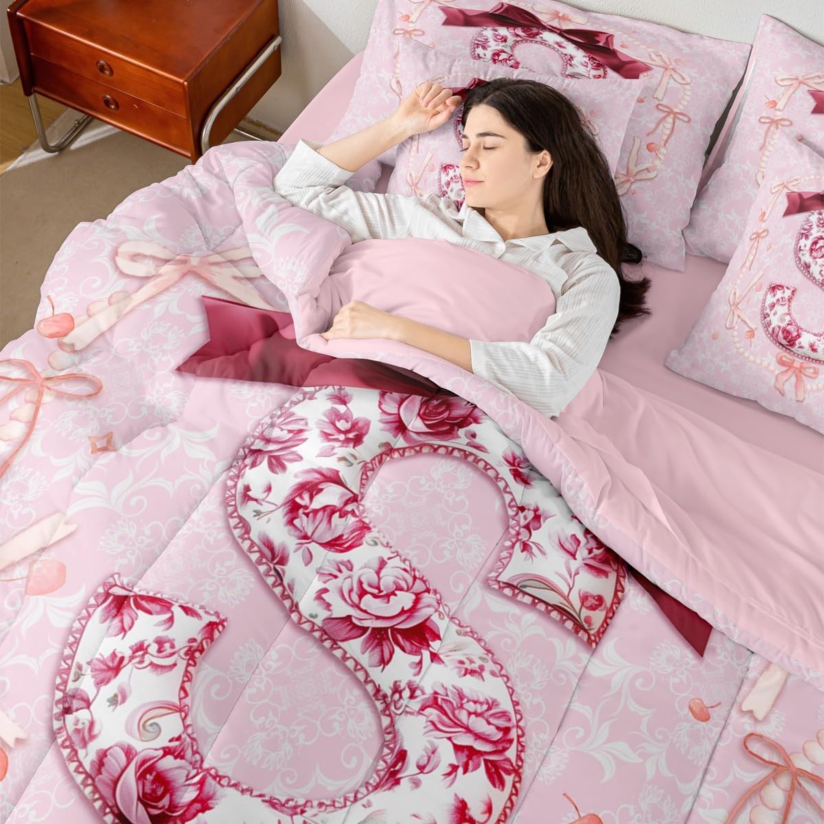 Erosebridal 7Pcs Cute Bow Twin Bedding Sets Preppy Coquette Bows Comforter Set with Sheets for Girls Kids Teens Girly Floral Bed in A Bag Princess Watercolor Initial S Birthday Gifts Quilt(S)