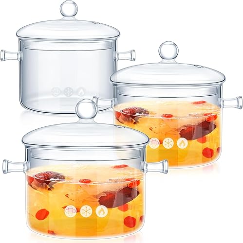 Miniatura 7 de Hsei Olla de vidrio resistente al calor, 3 unidades, transparente, 1.3, 1.5, 1.9 L, cacerola de vidrio con mango de cubierta, ollas de vidrio para