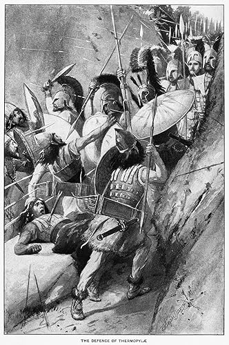 Batalla de las termópilas y la defensa griega en el paso de las termópilas contra el ejército persa de Jerjes 480 a. C. Ilustración de finales del