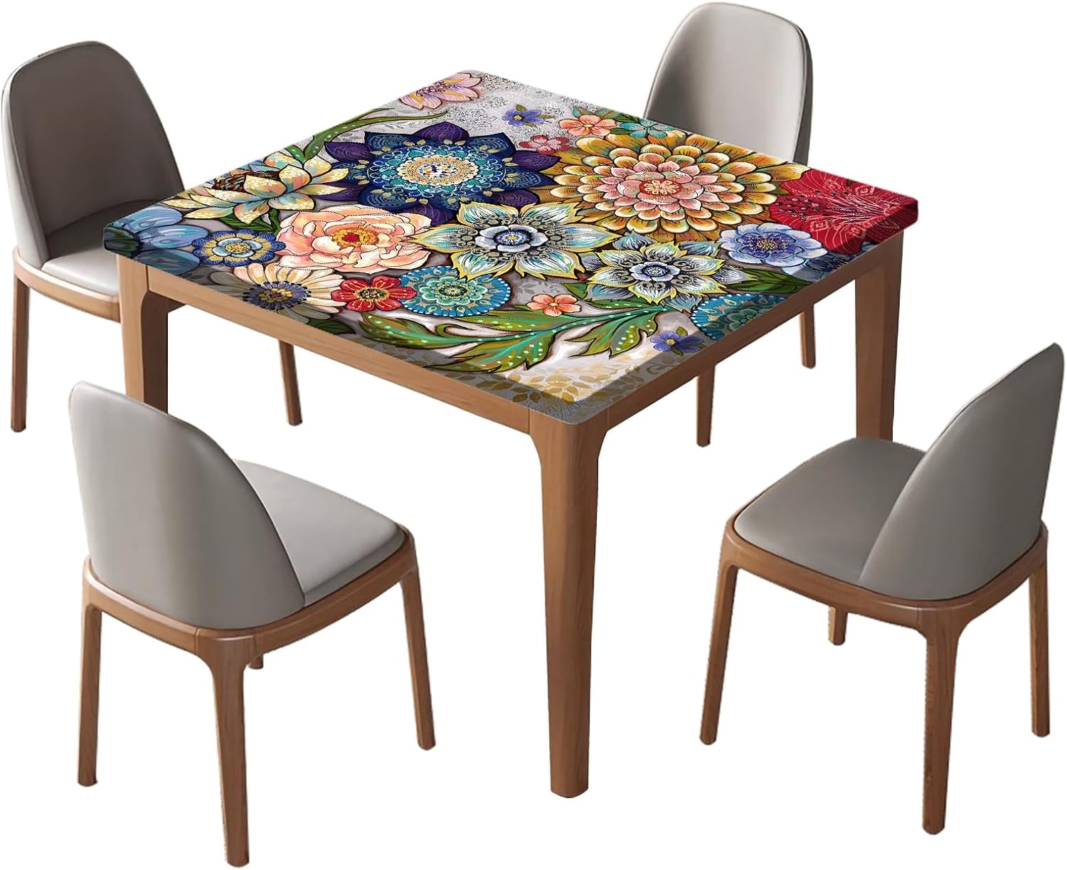 Boho Floral Square Fitted Polyester Tablecloth, Elastic Edge Home Decor Flower Table Cover, Waterproof Fabric Tablecloths For Family Garden Patio Picnic BBQ Use, Fit For 42" x 42" Square Table