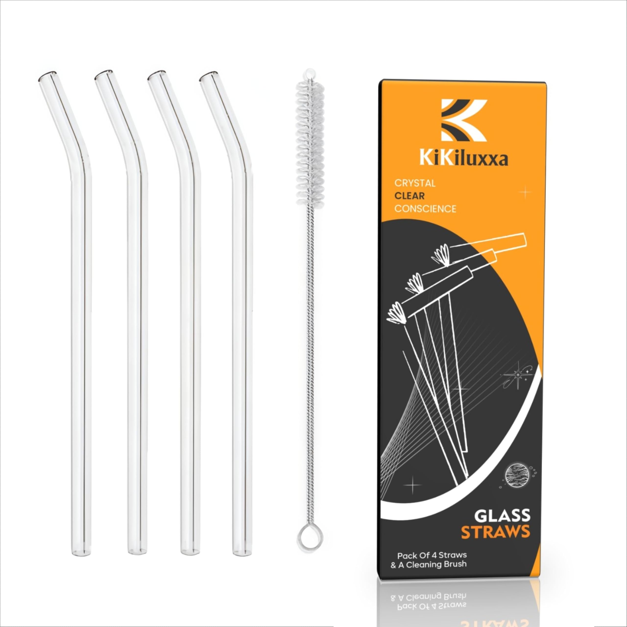 KiKiluxxa Glass Straws with Cleaning Brush -4 Multicolour Straws & 1 Cleaner - Pack of 5pcs- Clear Reusable, Elegant Alternate to for Drinking Juice, Smoothie - 7 inch Straw Length (WZ4+1) - Image 2 thumbnail