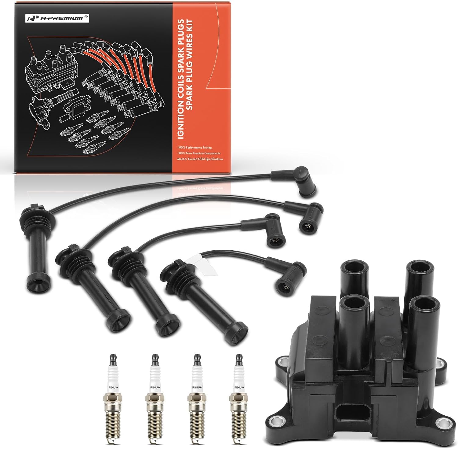A-Premium 1 Ignition Coils with 4 Wire and 4 Iridium Spark Plugs Compatible with Ford Fiesta 2011-2019 1.6L