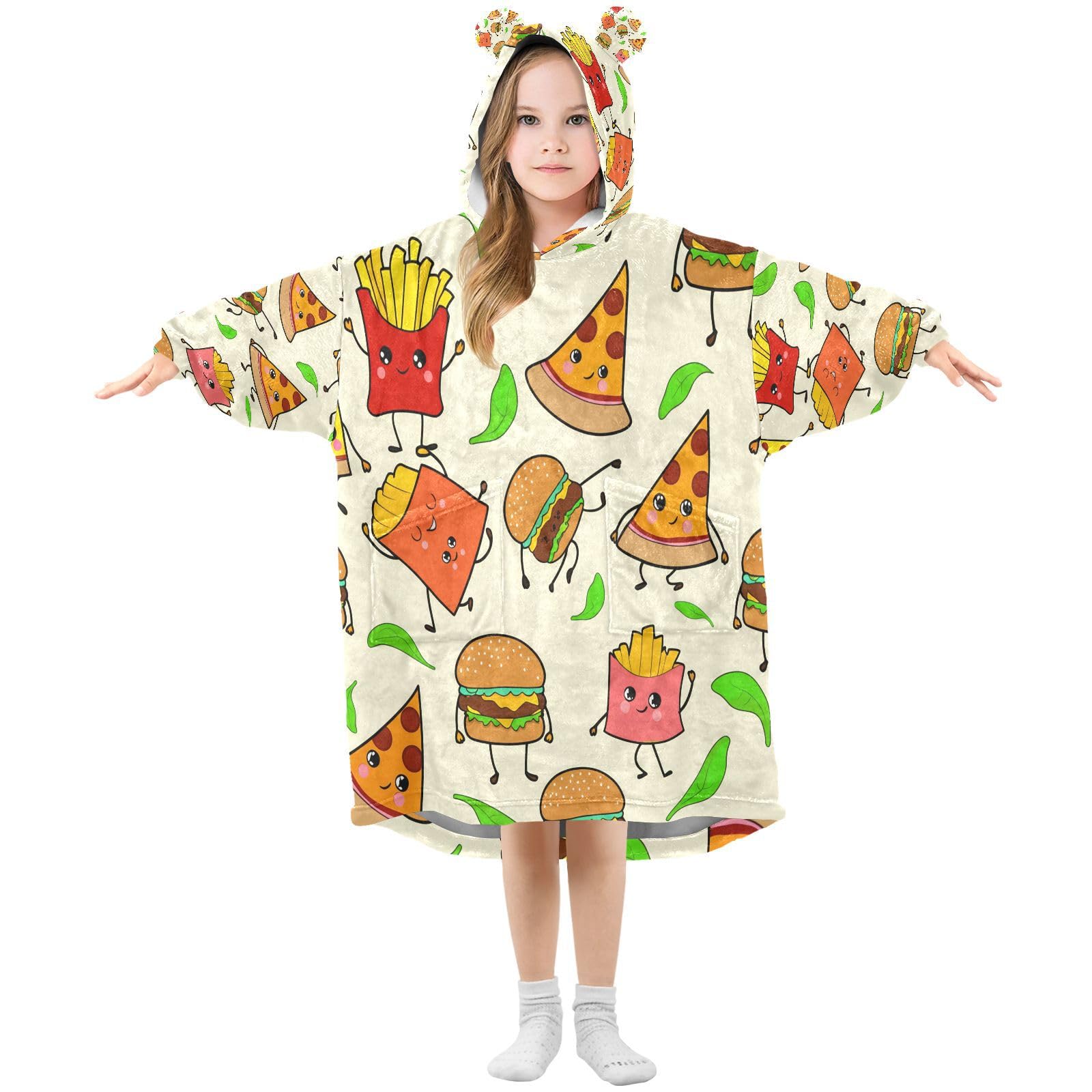 Ewusp Fast Food Wearable Blanket Hoodie for Kids Oversized Hooded Sweatshirt Flannel Blanket with Pocket