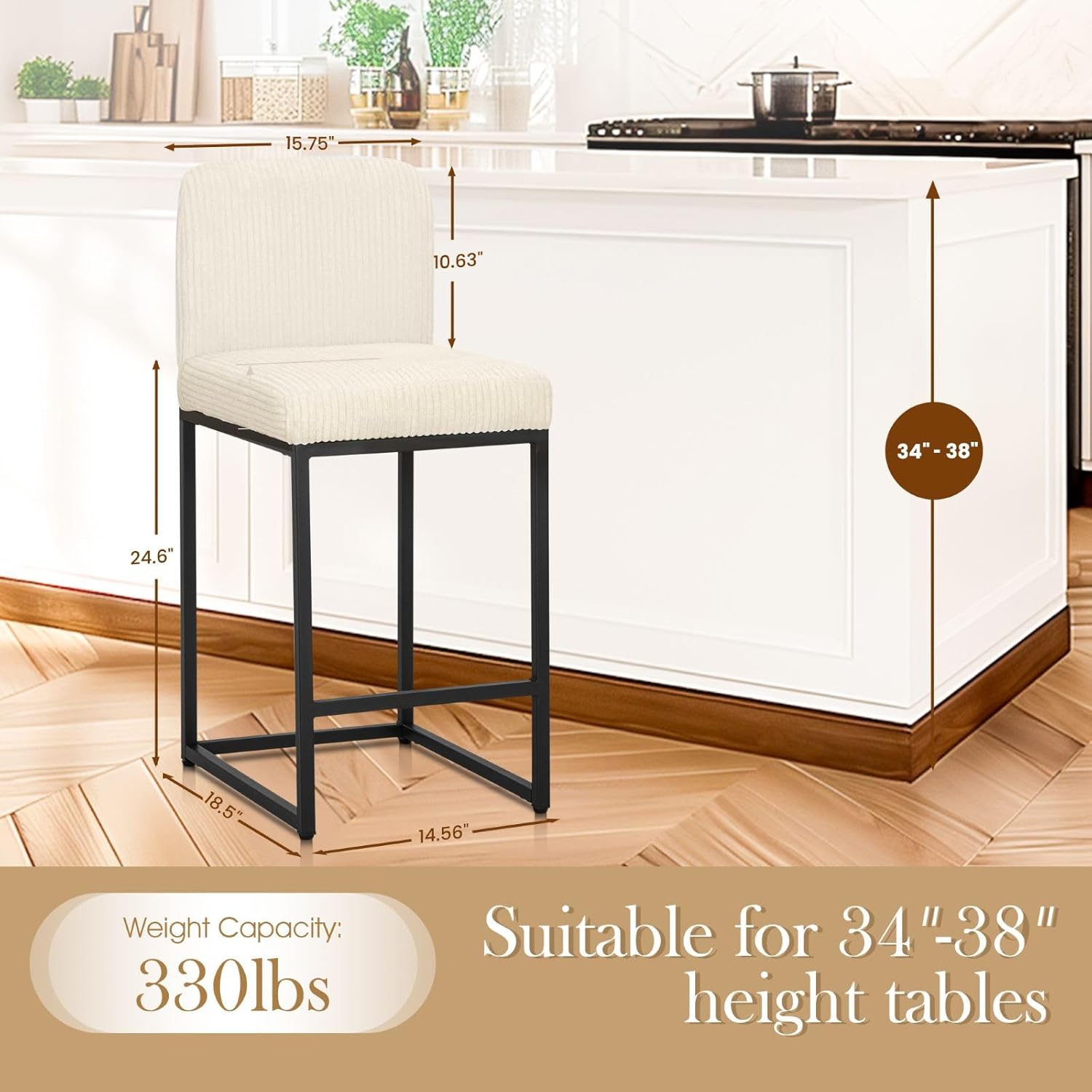 Sophia & William Ivory Bar Stools Set of 4, Modern Chenille 24" Counter Stools for Kitchen Island