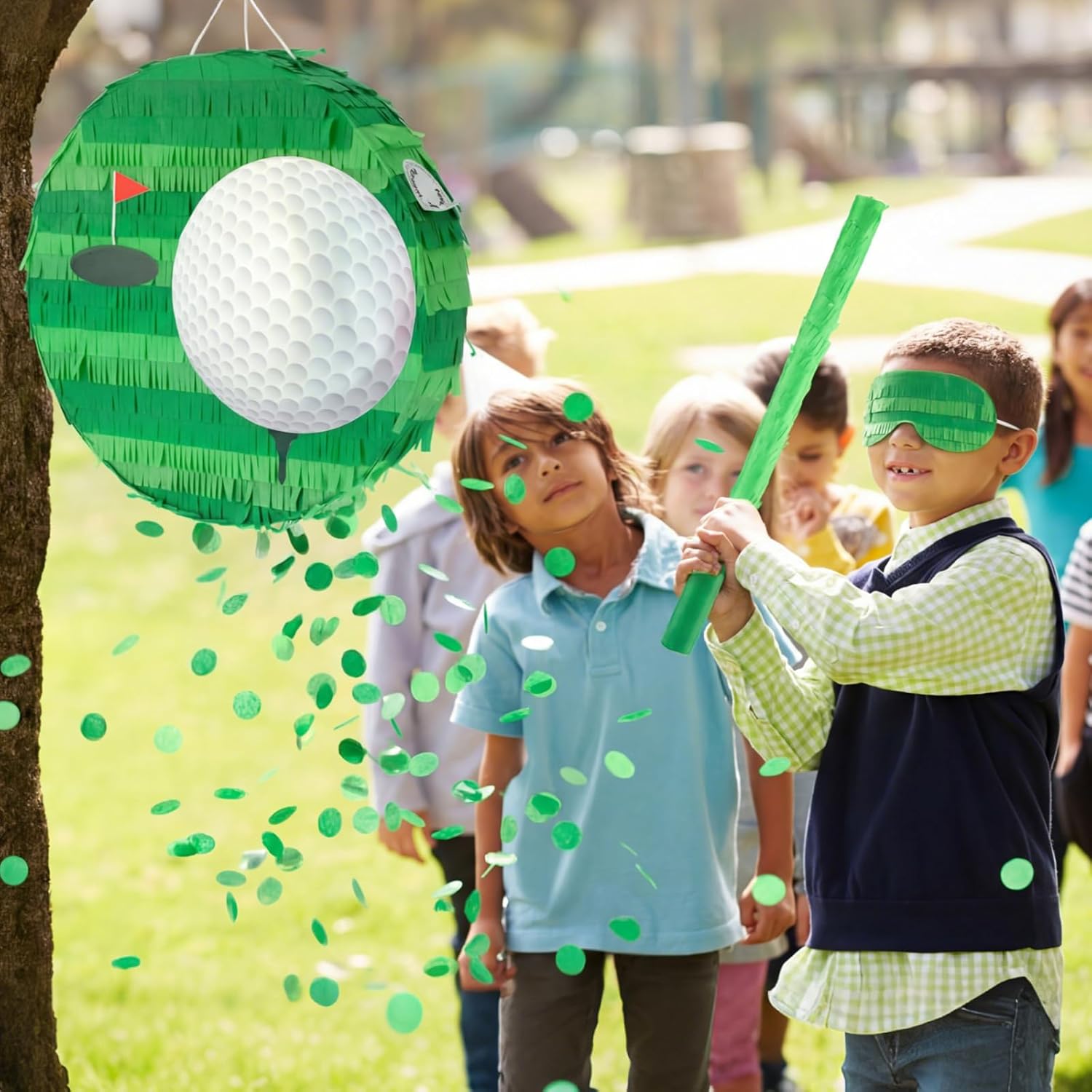 Golf Ball Piñata Set with Blindfold Stick and Confetti Golf Piñata Party Decorations for Birthday Sports Theme Party Favors, 13 x 13 x 2.8 Inch