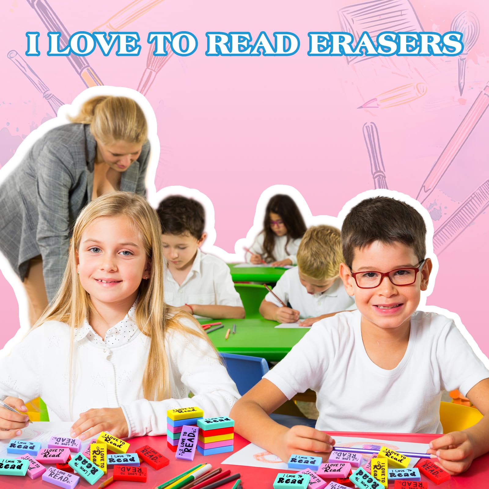 Dunzoom Lot de 300 gommes en vrac « I Love to Read » pour enfants, cadeaux inspirants pour récompenses en classe, récompenses pour enseignants, école