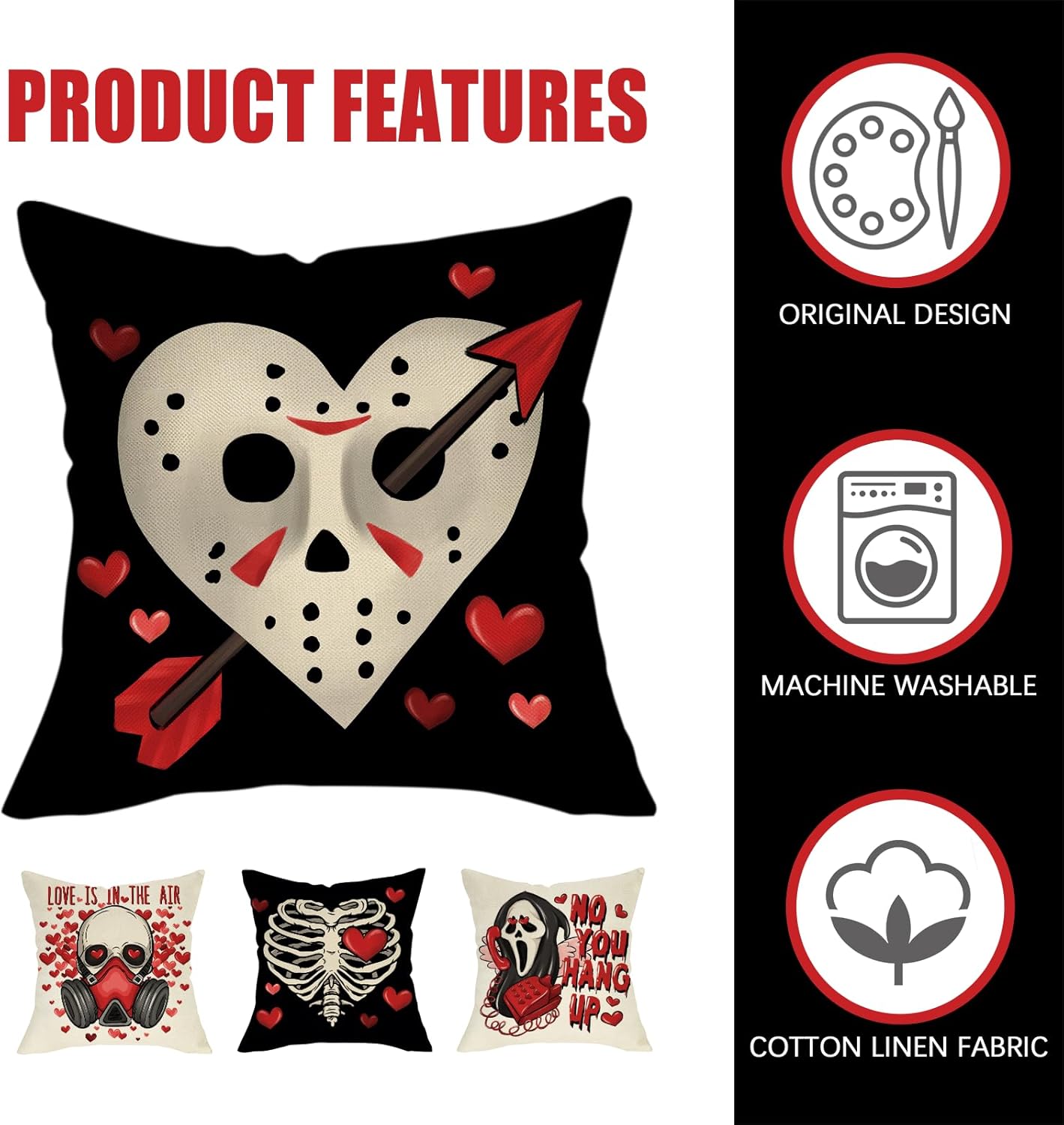 Fahrendom Valentines Day Skeleton Decorative Throw Pillow Covers 18 x 18 Set of 4, Funny Skull Grim Reaper Love Heart Mask Outdoor Pillowcase, Humor Anniversary Wedding Cushion Case Home Decor