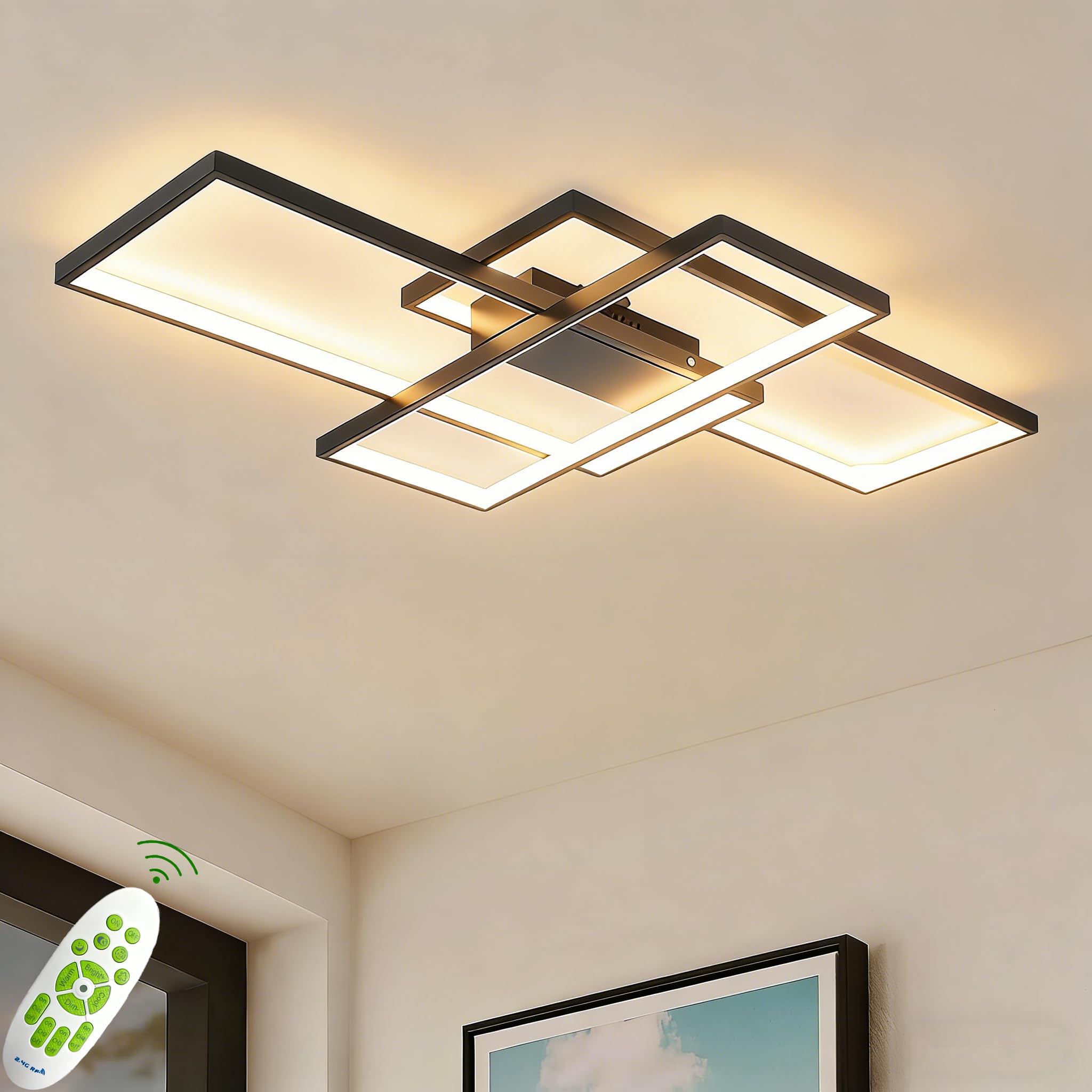 Plafoniera Led a Soffitto Moderna,54w 5400lm,Lampada da Soggiorno con Telecomando,Rettangolare Struttura in Alluminio e Creativa in Acrilico,Dimmerabile 3000k-6500k